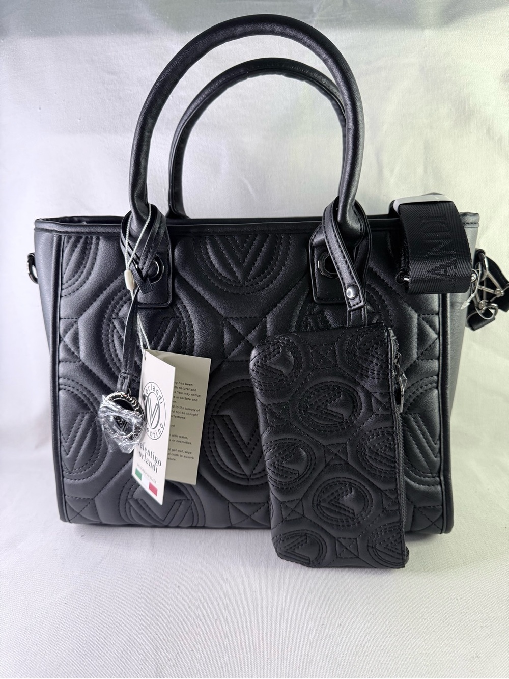 Black Quilted Tote Bag with Removable Pouch and Charm Valentino Orlandi